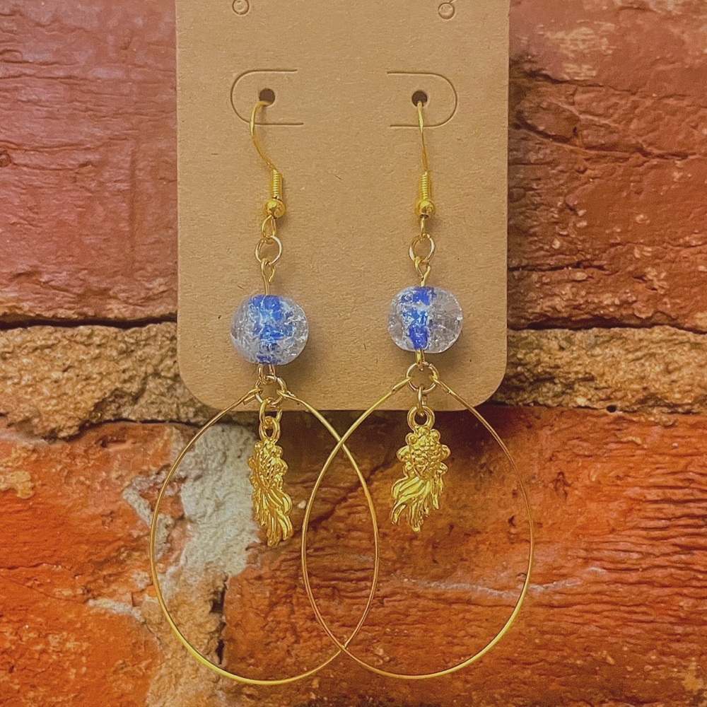 Gold and Blue Dangle Earrings with Translucent Beads